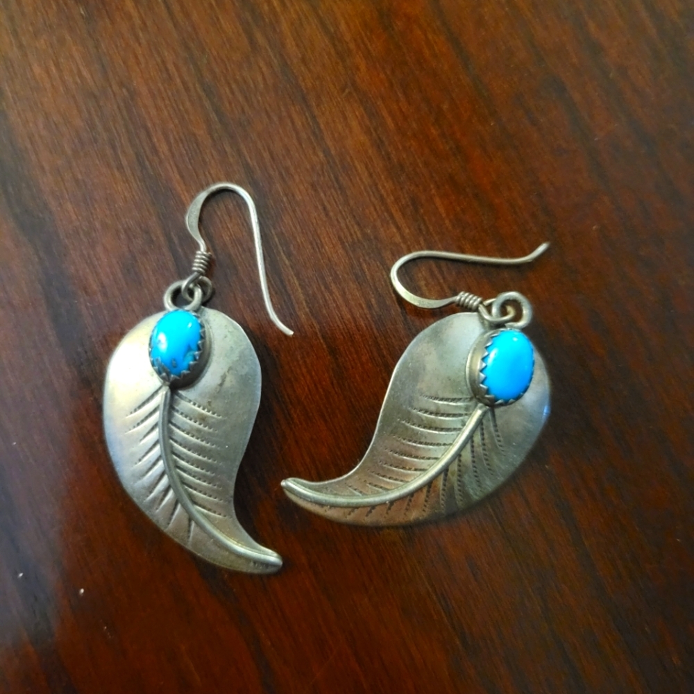 Vintage Turquoise and Silver Leaf Drop Earrings
